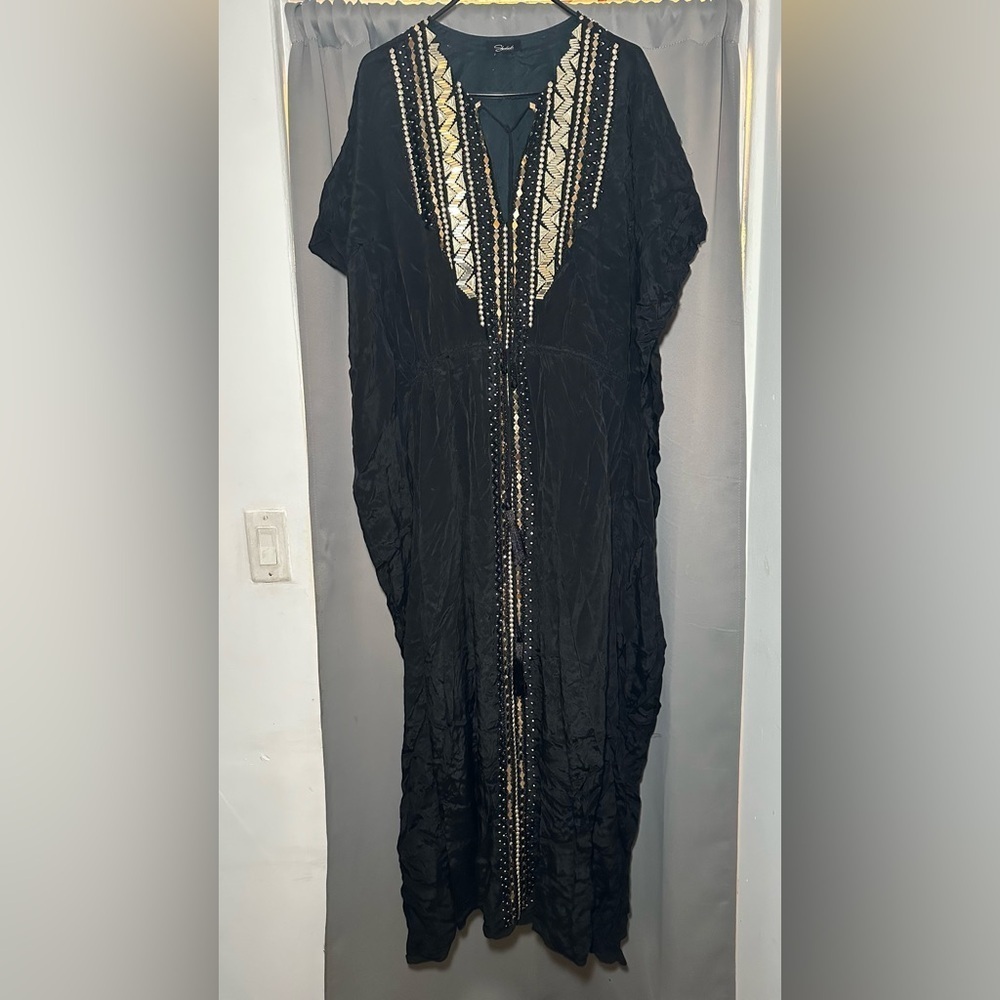 Shahida Parides Black & Gold Long Embellished Kaftan Silk Maxi Dress